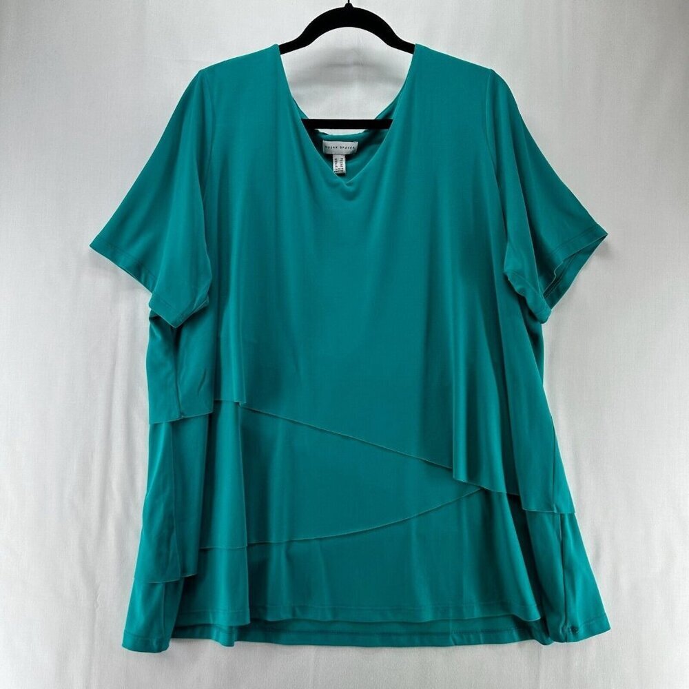 Susan Graver Blouse Womens Sz 2X V-Neck Asymmetrical Layered Short Sleeves Teal